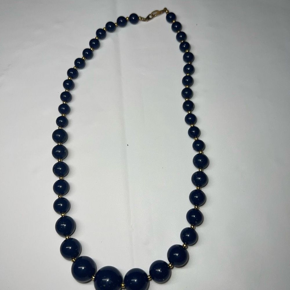 Vintage Blue Glass Bead with Gold Tone Chain‎ Necklace